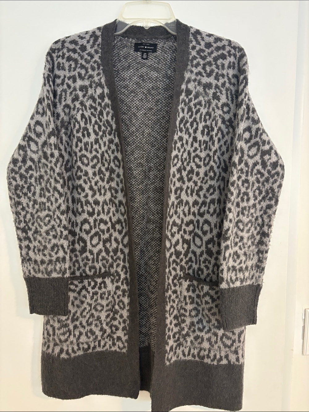 Lucky Brand. Dark gray/light gray.  Leopard Open-Front Cardigan